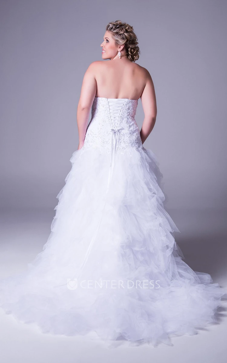 A-Line Sweetheart Tiered Tulle Plus Size Wedding Dress With Ruffles And Beading
