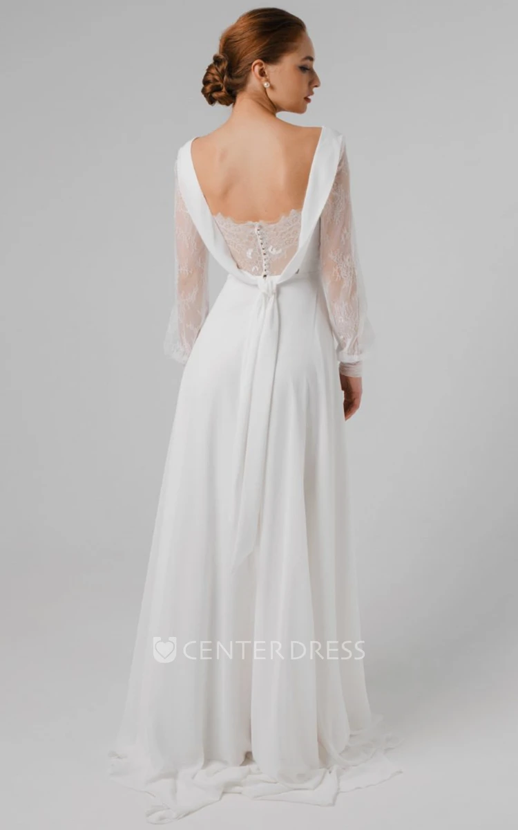 Sexy V-neck A Line Chiffon and Lace Wedding Dress with Split Front