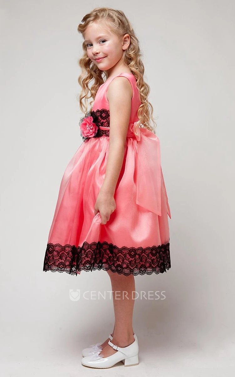 Tea-Length Appliqued Floral Lace&Satin Flower Girl Dress With Sash