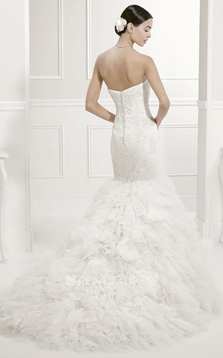 Strapless Appliqued Tiered Tulle Gown With Removable Lace Cap Sleeves