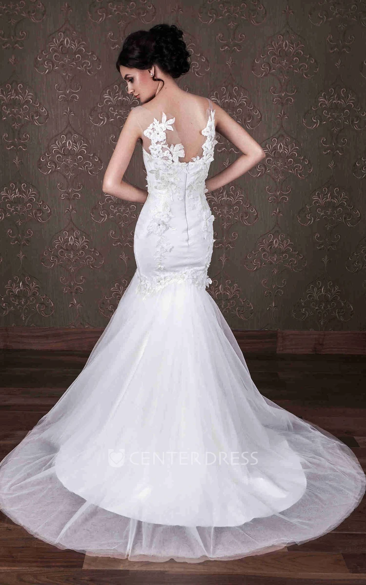 Mermaid Appliqued Scoop-Neck Floor-Length Sleeveless Tulle&Satin Wedding Dress