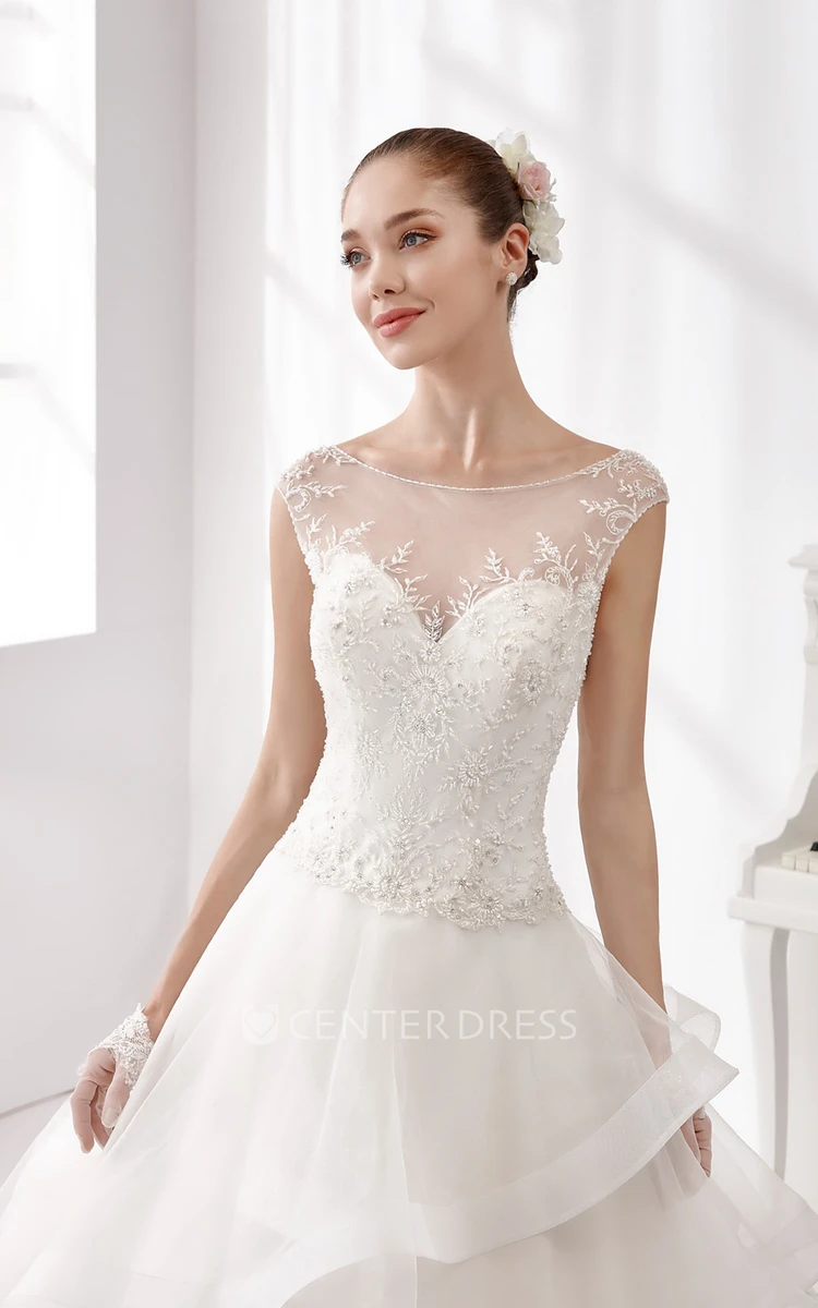 Jewel-neck A-line Wedding Gown with Lace Bodice and Ruffled Skirt