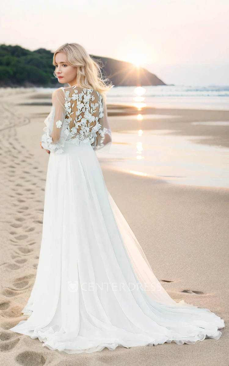 Floor-length Long Sleeve V-neck A-Line Ethereal 3D Lace Flower Bride Dress with Train