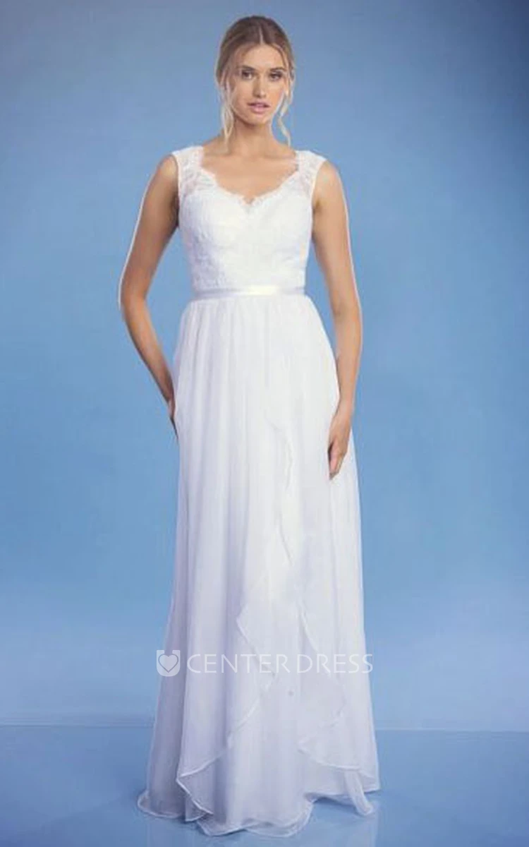 Sheath Long V-Neck Lace Sleeveless Wedding Dress With Draping And Low-V Back