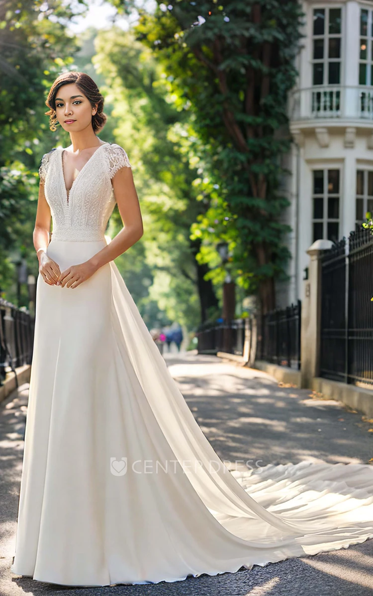 Illusion Lace Cap Open Back A-Line Boho Chiffon Trailing Wedding Dress