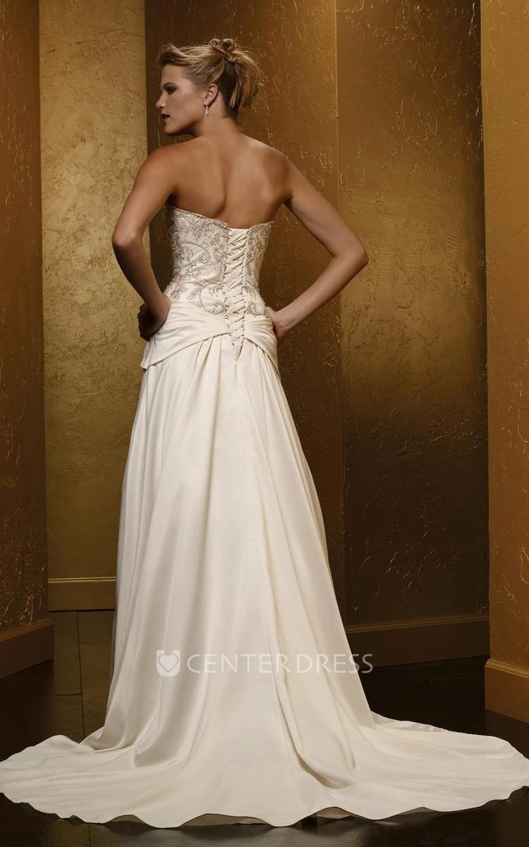 A-Line Sleeveless Beaded Floor-Length Strapless Satin Wedding Dress With Broach And Lace-Up Back