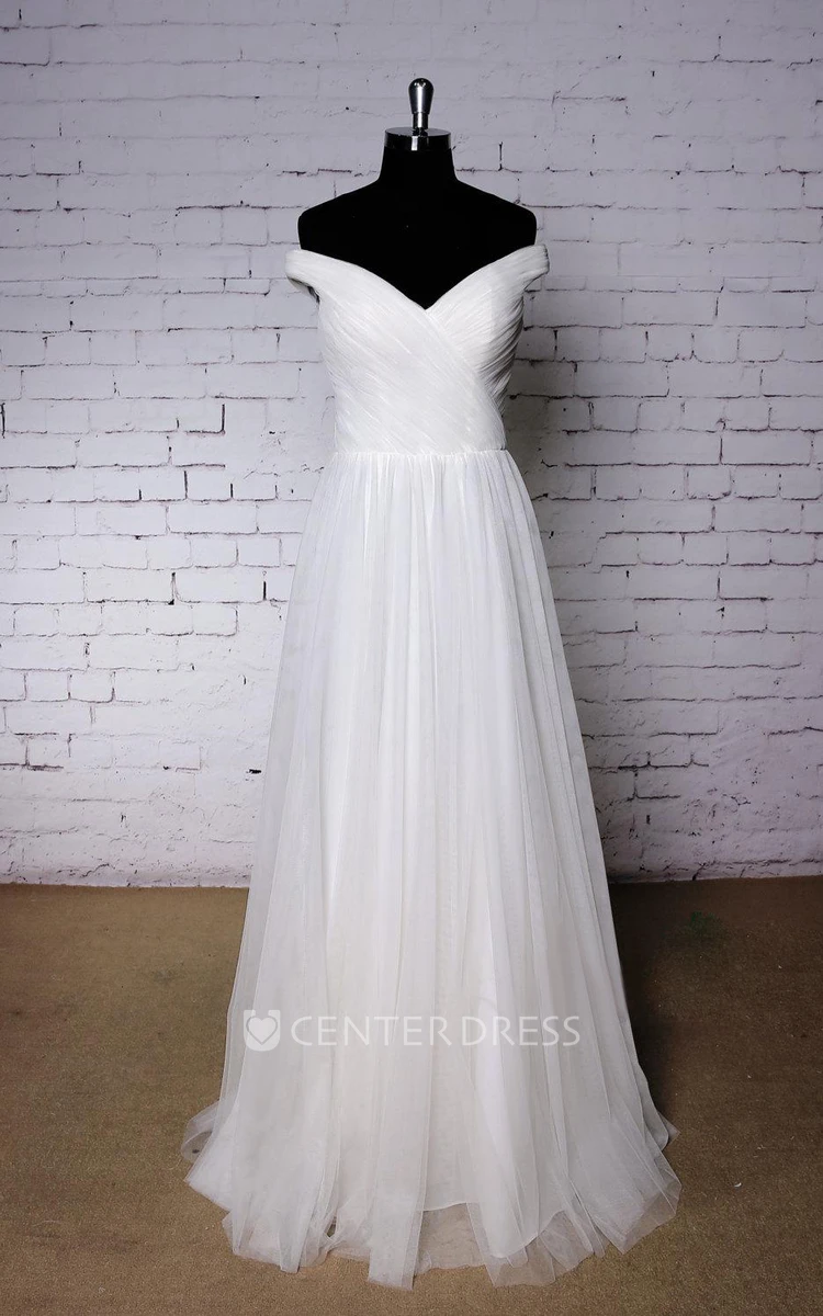 Plain Off-Shoulder Tulle Wedding Dress With Ruching and Pleats