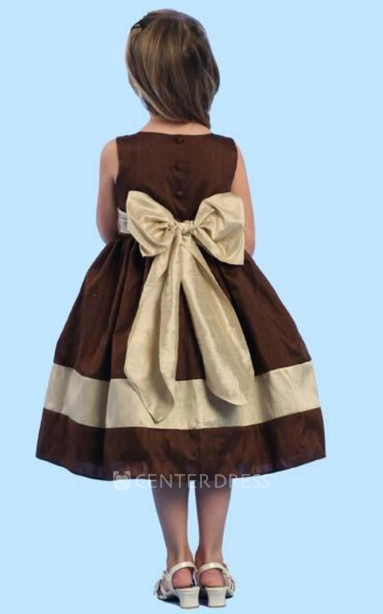 Tea-Length Sleeveless Bowed Satin Flower Girl Dress