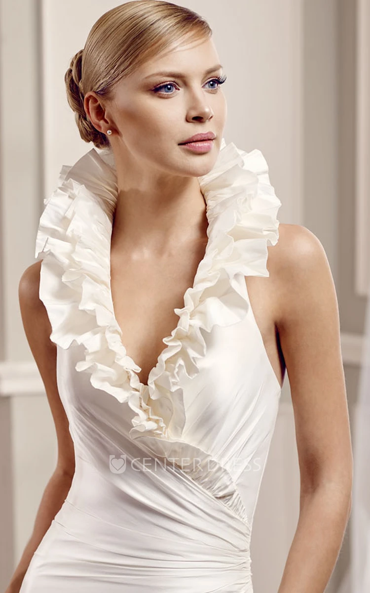 A-Line V-Neck Sleeveless Floor-Length Ruffled Satin Wedding Dress With Backless Style And Side Draping