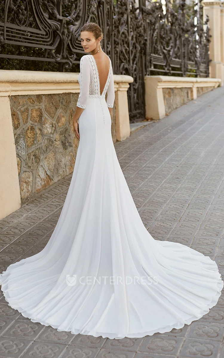 Sexy Tulle Applique Deep-V Back Garden Wedding Dress Unique Bridal Gown