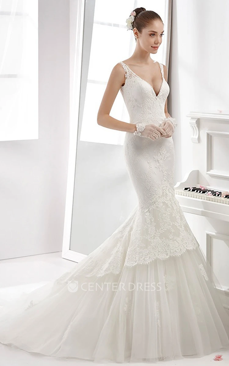 Illusion-Strap Lace Sheath Gown With Low-V Neck And Open Back