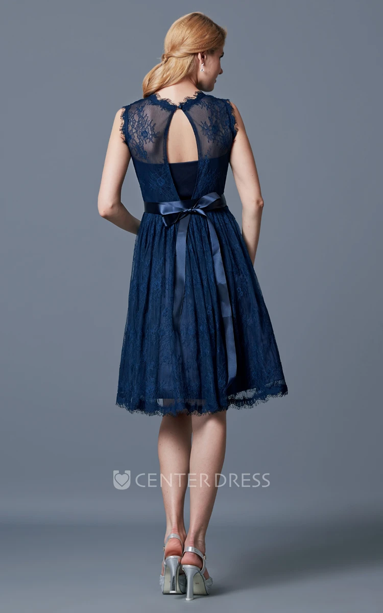 High Neck A-line Knee Length Lace Bridesmaid Dress with Keyhole Back