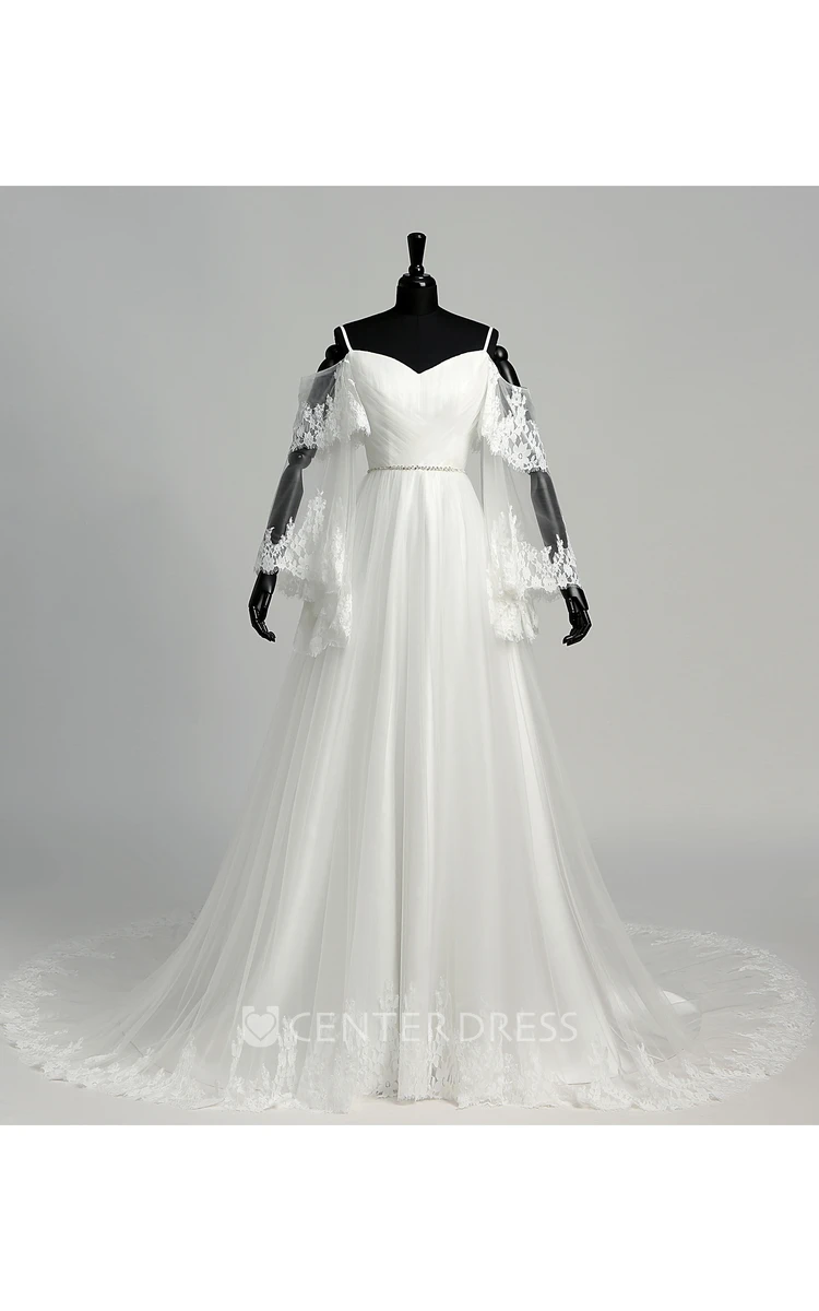Tulle A-line Off-the-shoulder Spaghetti Bell Illusion Long Sleeve Wedding Dress with Appliques and Pleats