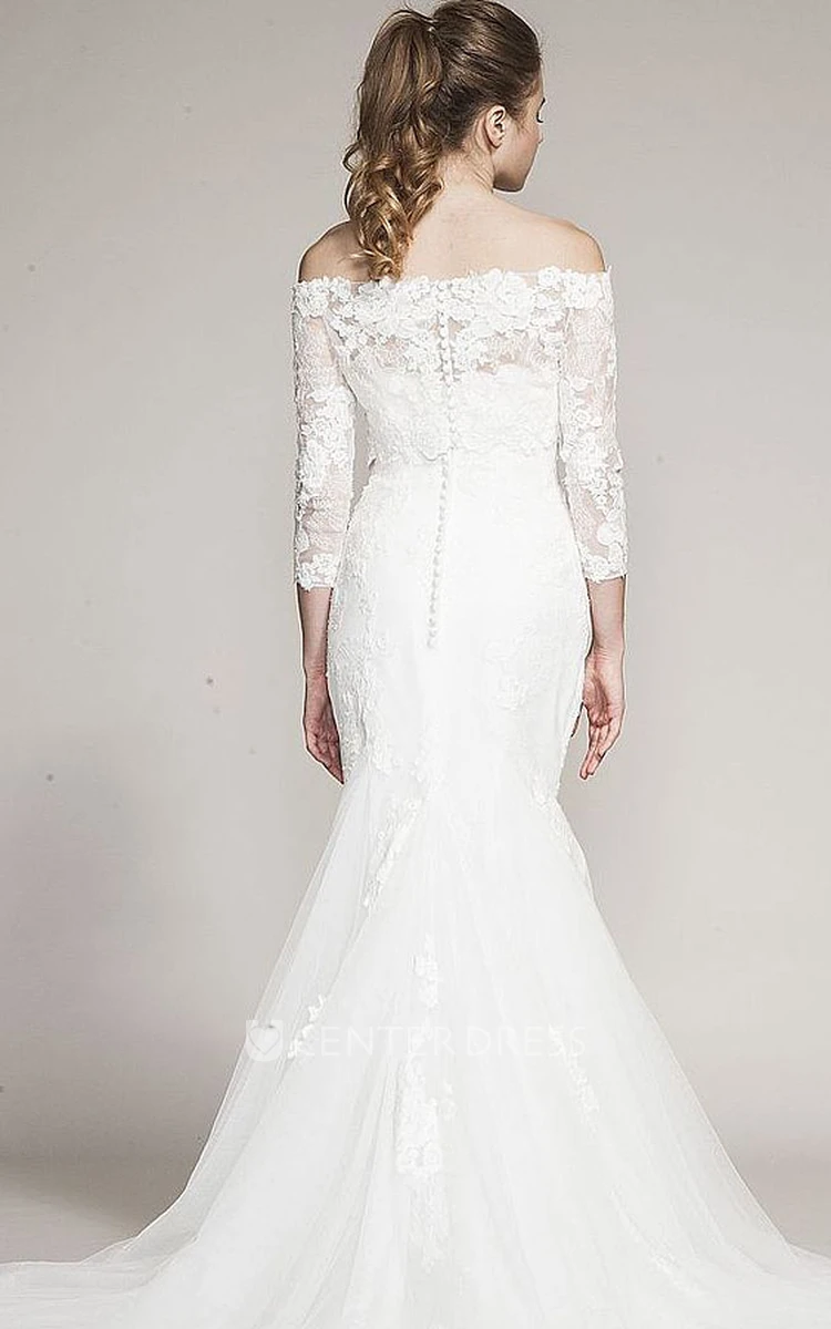 Mermaid Long-Sleeve Off-The-Shoulder Tulle&Lace Wedding Dress With Court Train