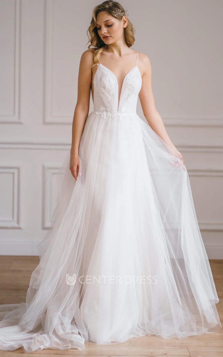 Modern Plunging Neckline A Line Tulle Sleeveless Sweep Train Wedding Dress with Appliques