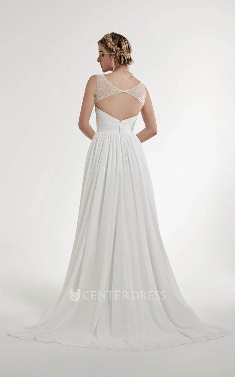 A-Line Scoop Lace Sleeveless Floor-Length Chiffon Wedding Dress With Keyhole Back And Pleats