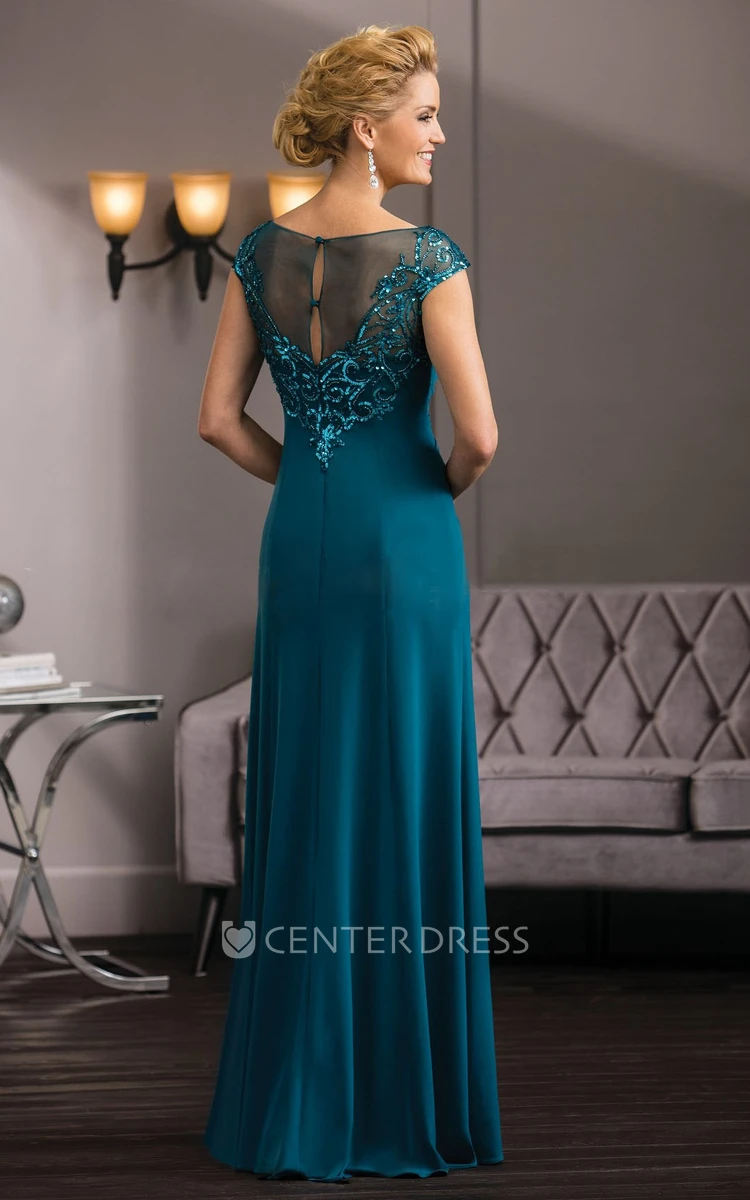 Cap-Sleeved Long Gown With Sequins And Illusion Back