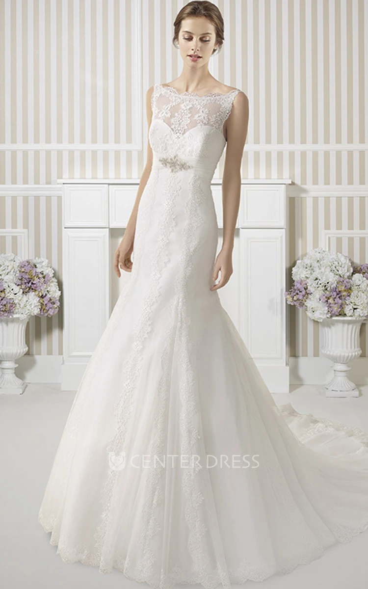 Sheath Sleeveless Appliqued Bateau Floor-Length Lace Wedding Dress With Waist Jewellery