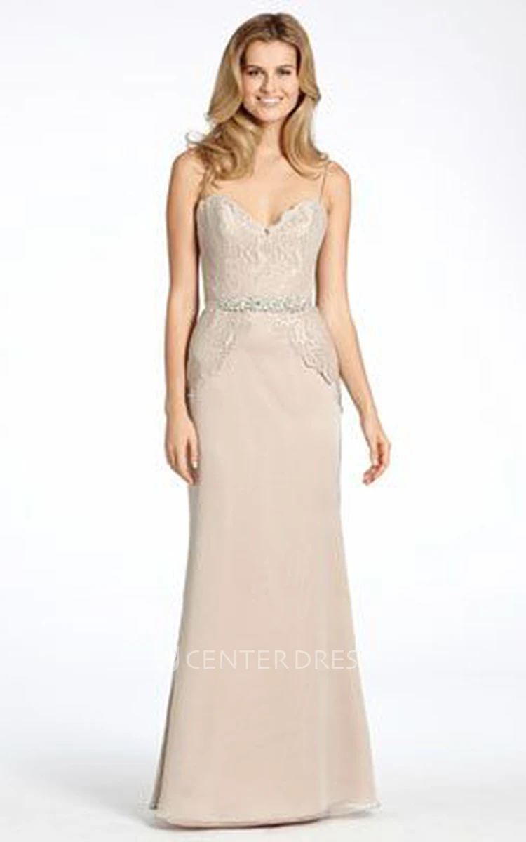 Floor-Length Spaghetti Jeweled Chiffon Bridesmaid Dress With Lace And V Back