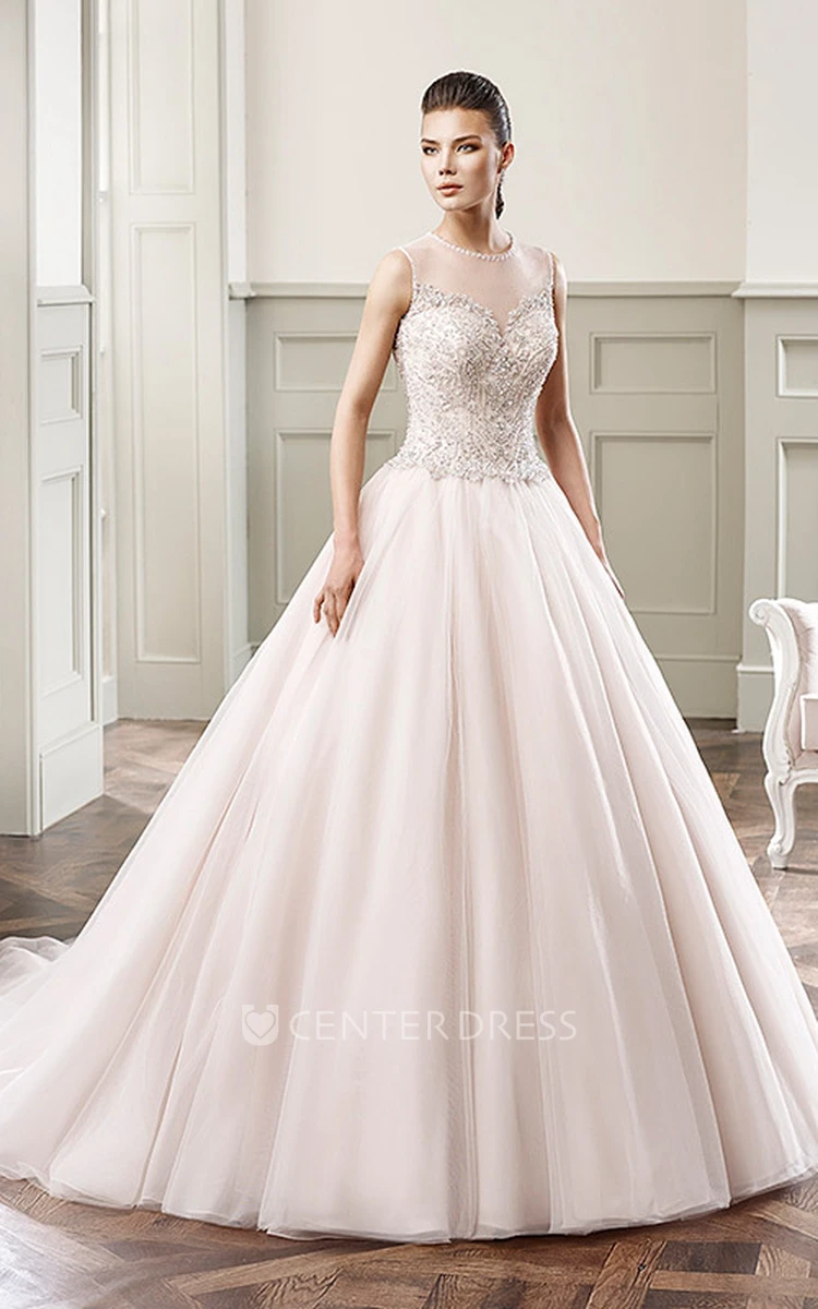 Ball Gown Floor-Length Beaded Scoop-Neck Sleeveless Tulle Wedding Dress