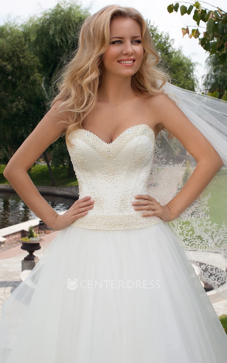 Floor-Length Sweetheart Beaded Tulle Wedding Dress With Brush Train And Lace Up