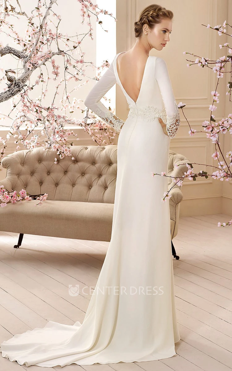 Floor-Length High-Neck Long-Sleeve Appliqued Jersey Wedding Dress