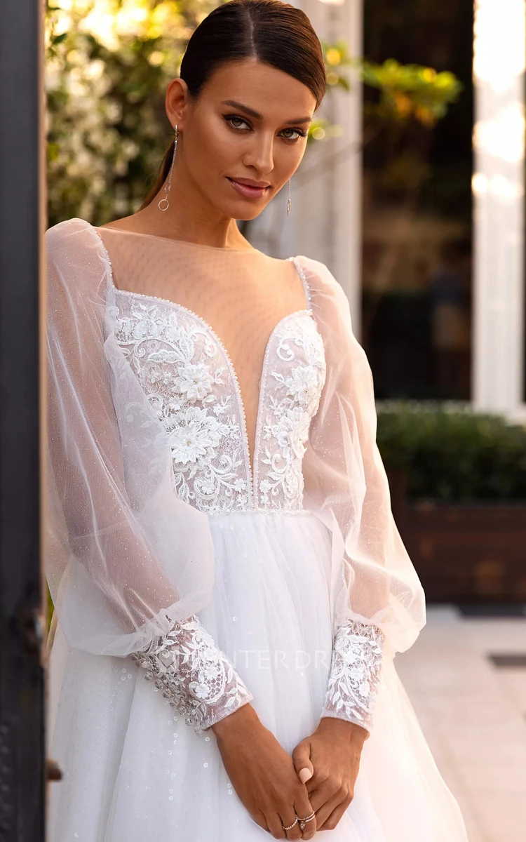Casual Lace Brush Train Long Sleeve Ball Gown Plunging Neckline Wedding Dress with Sequins