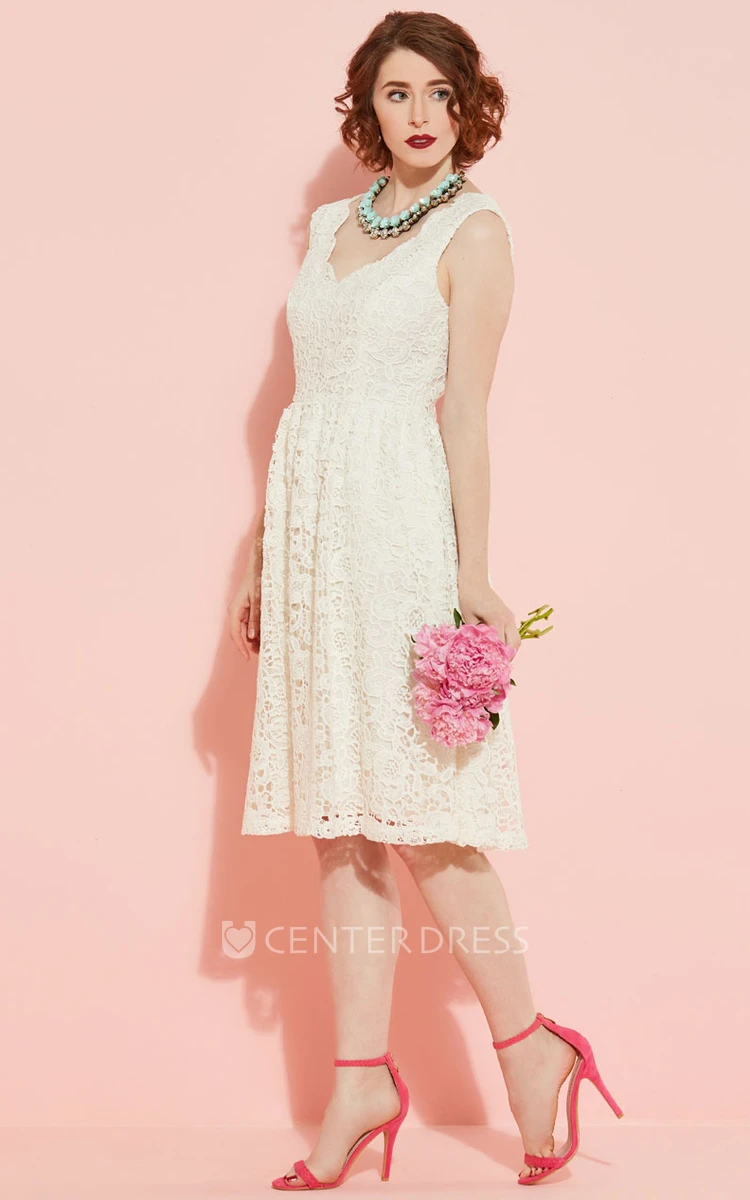 Knee-Length Sleeveless V-Neck Lace Wedding Dress With V Back