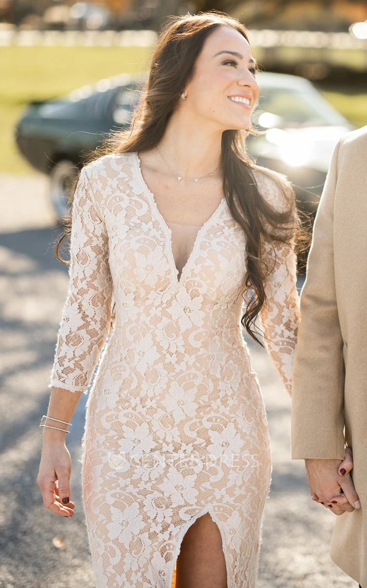 Casual Sheath V-neck Lace Wedding Dress With 3/4 Length Sleeve And Split Front