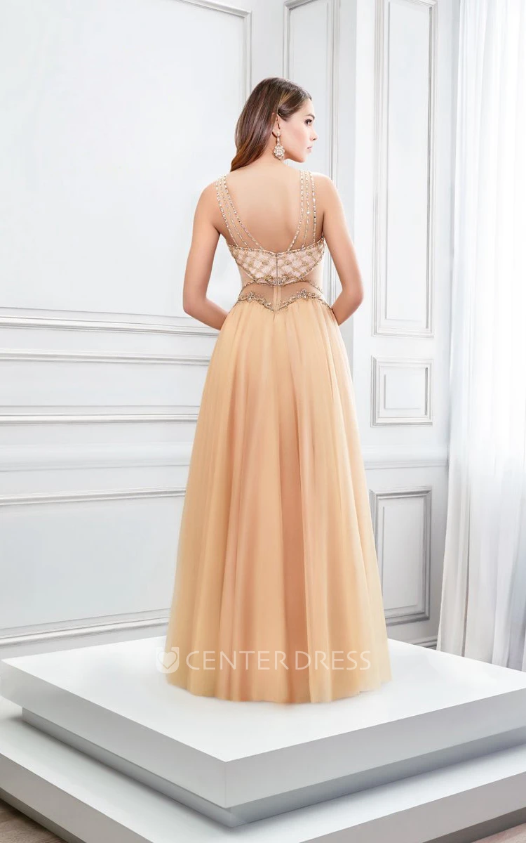 A-Line Beaded Strapped Sleeveless Tulle Prom Dress With Low-V Back