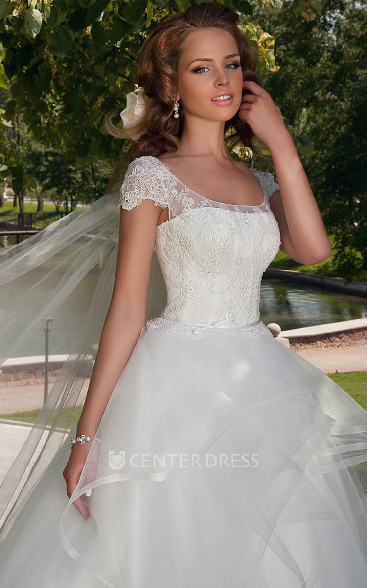 Off Shoulder Illusion Lace Three Quarter Sleeve Floor Length Tulle Lace  Wedding Dresses 