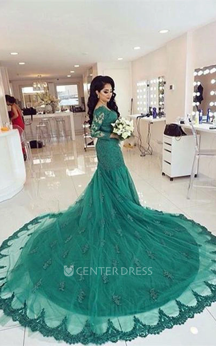 Elegant Lace Appliques Mermaid Evening Dress Court Train Long Sleeve