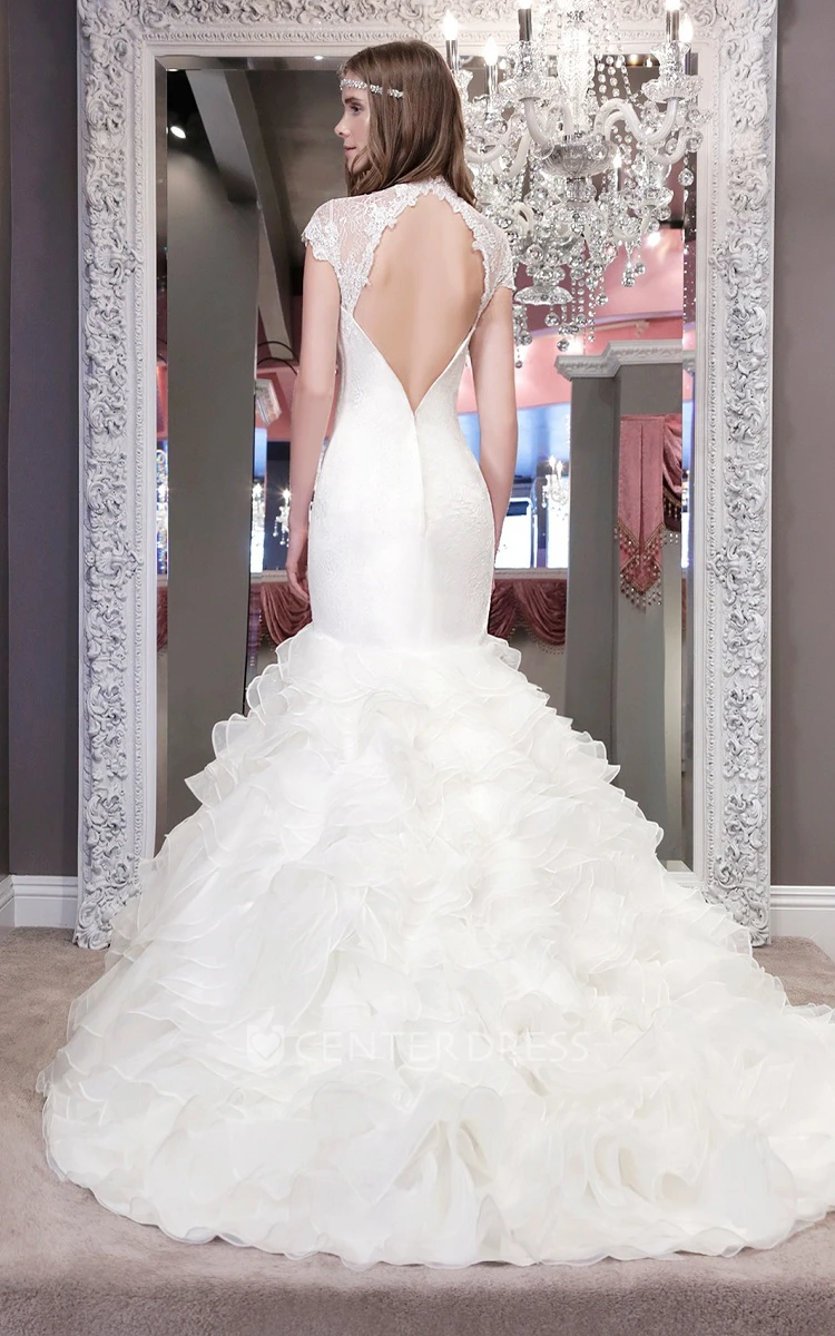 A-Line Cap-Sleeve Floor-Length High Neck Ruffled Organza&Lace Wedding Dress With Appliques And Keyhole