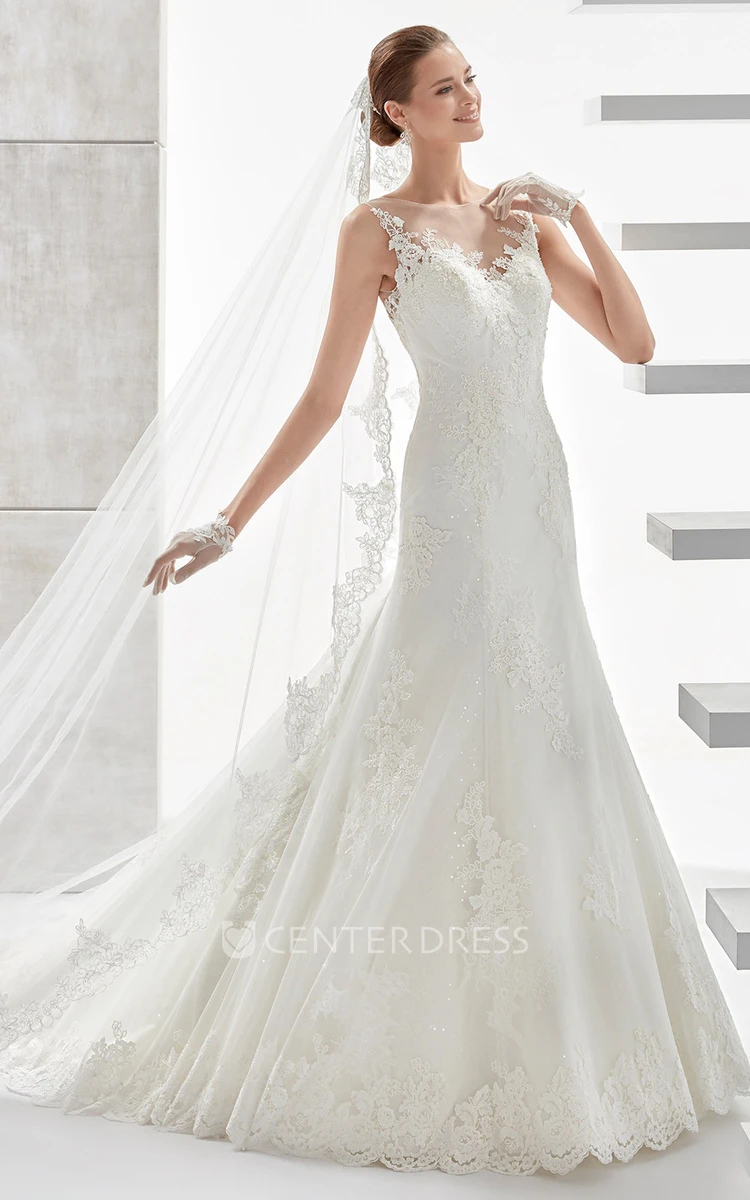 Jewel-neck Cap-sleeve Wedding Dress with Appliques and Illusive Design