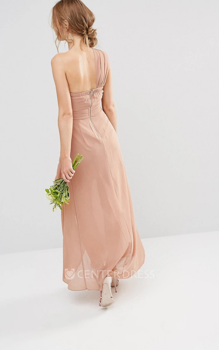 High-Low Sleeveless One-Shoulder Ruched Chiffon Bridesmaid Dress