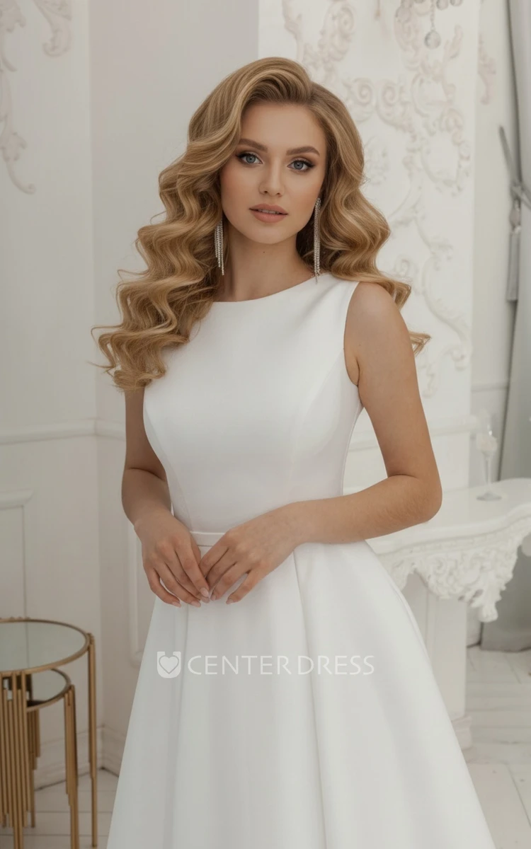 Modern Modest A-Line Short Midi Spring Wedding Dress Classic Simple High Neck Sleeveless Corset Back Sashed Bowed Reception Bridal Gown