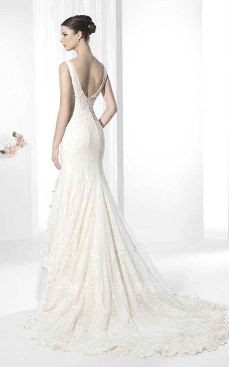 Sheath V-Neck Floor-Length Appliqued Sleeveless Satin&Tulle Wedding Dress