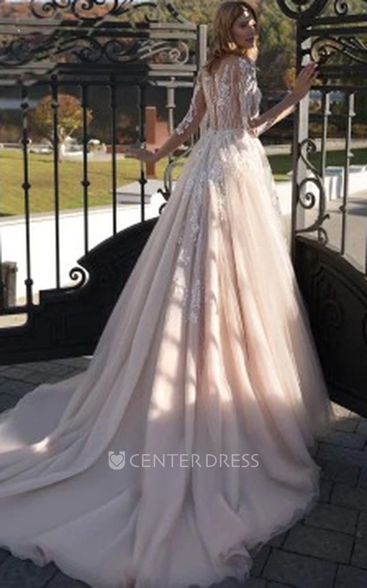 Ethereal A Line Ball Gown Floor-length Long Sleeve Tulle Wedding Dress with Appliques