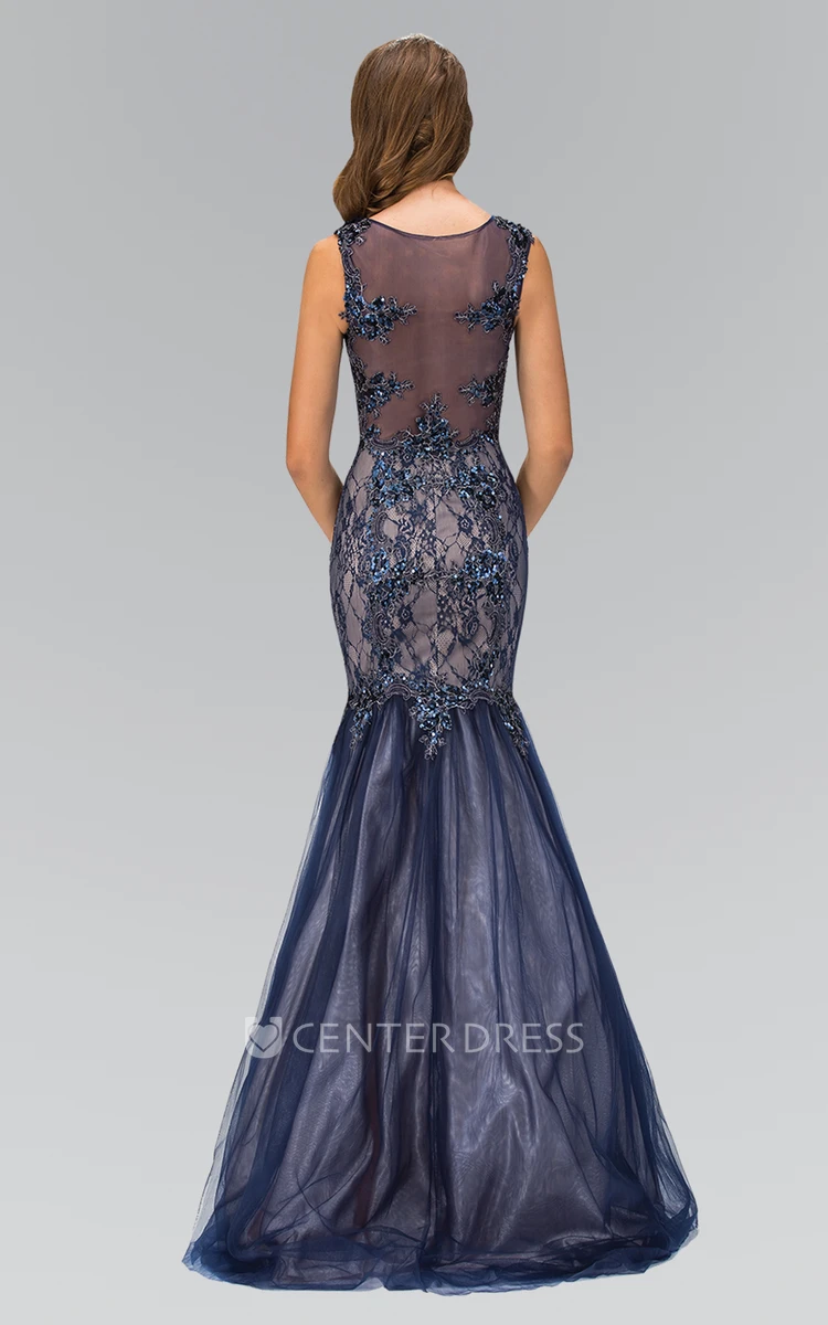 Mermaid Maxi Scoop-Neck Sleeveless Illusion Dress With Beading And Appliques