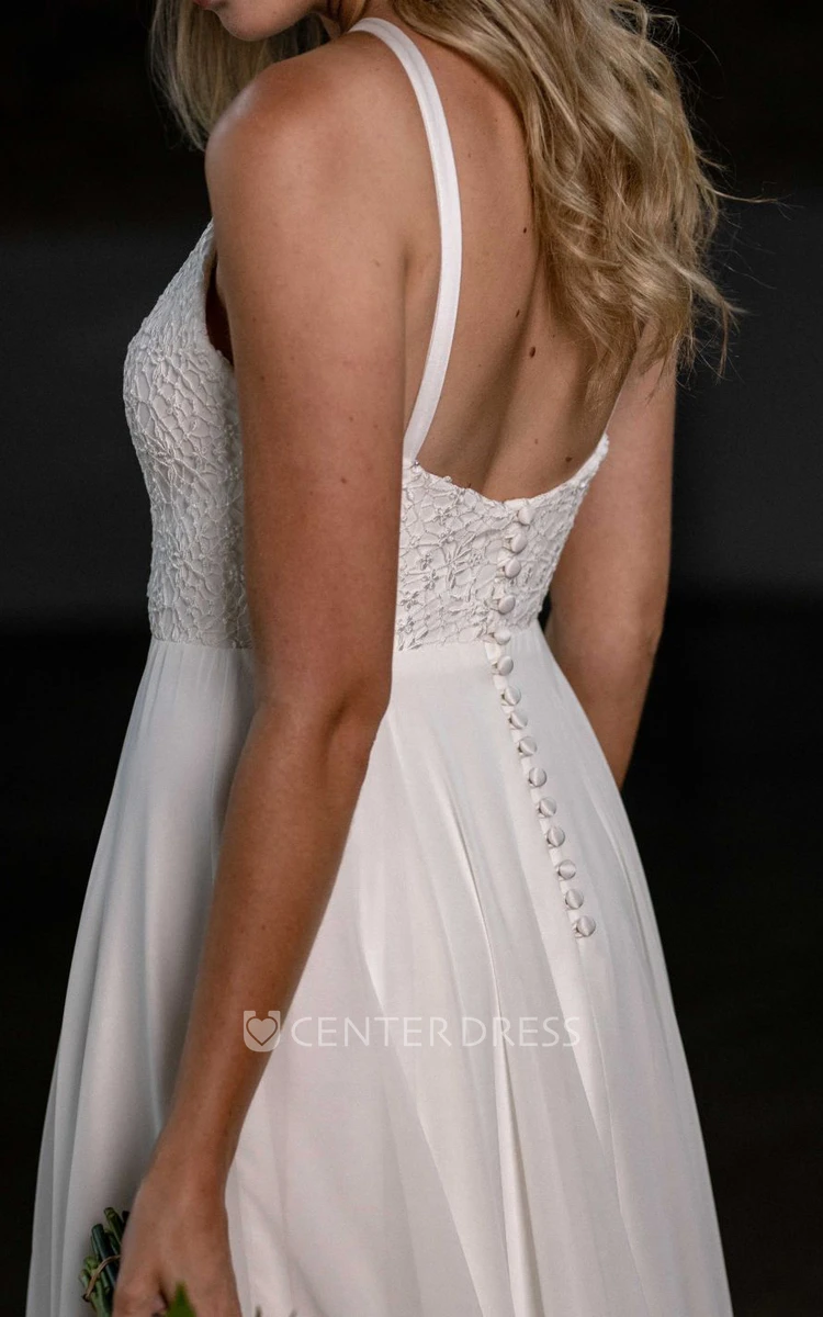 Sexy Sleeveless Open Back Lace Chiffon Halter A Line Floor-length Wedding Dress