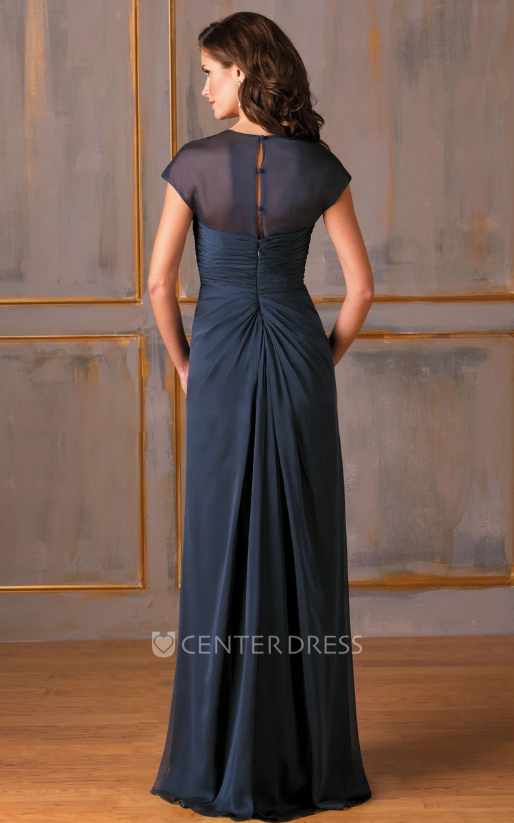 Cap-Sleeved Square-Neck Long Mother Of The Bride Dress With Beadings And Ruches