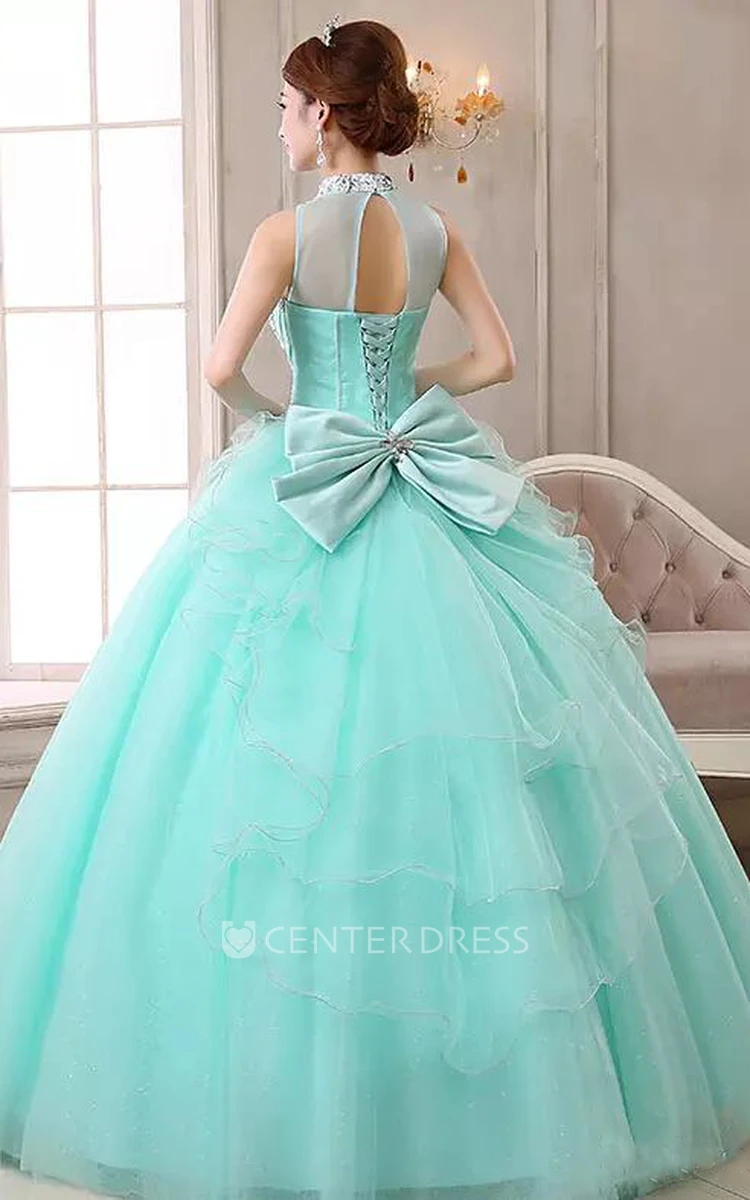 Sleeveless Ball Gown High Neck Floor-length Organza Tulle Prom Dress with Beading and Ruffles