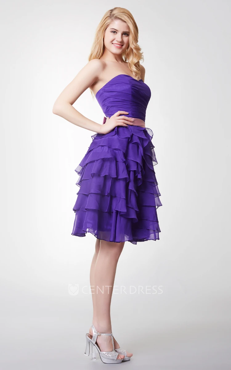 Strapless Ruched Ruffled Short Chiffon Dress With Satin Bow Belt