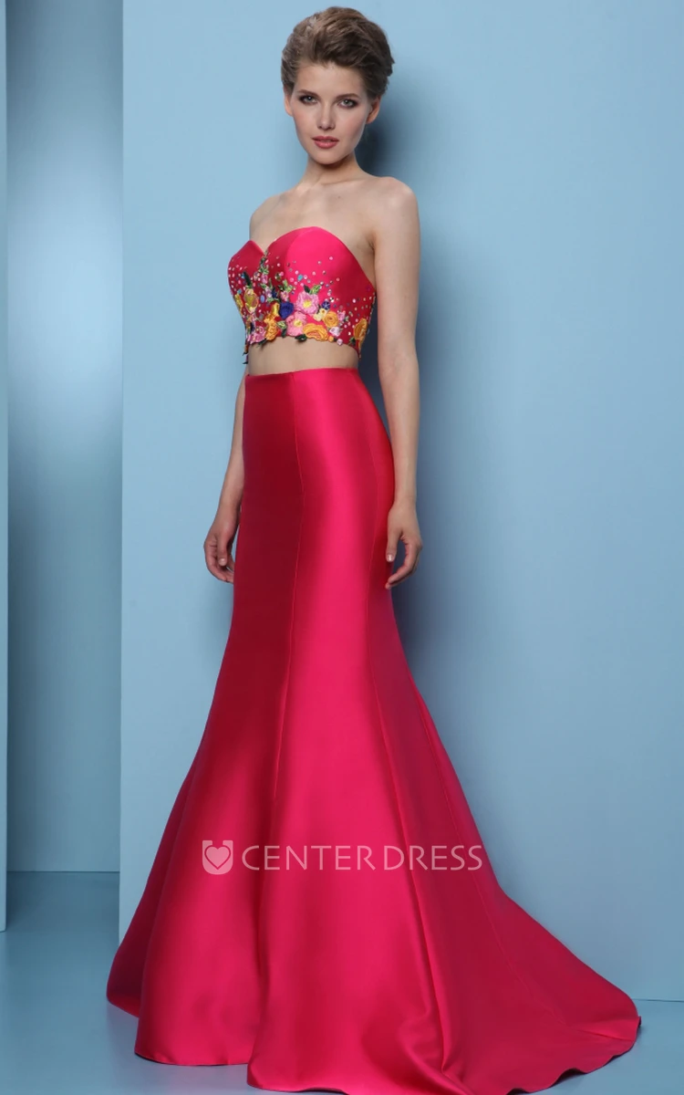 Mermaid Floor-Length Embroidered Sleeveless Sweetheart Satin Prom Dress With Sequins