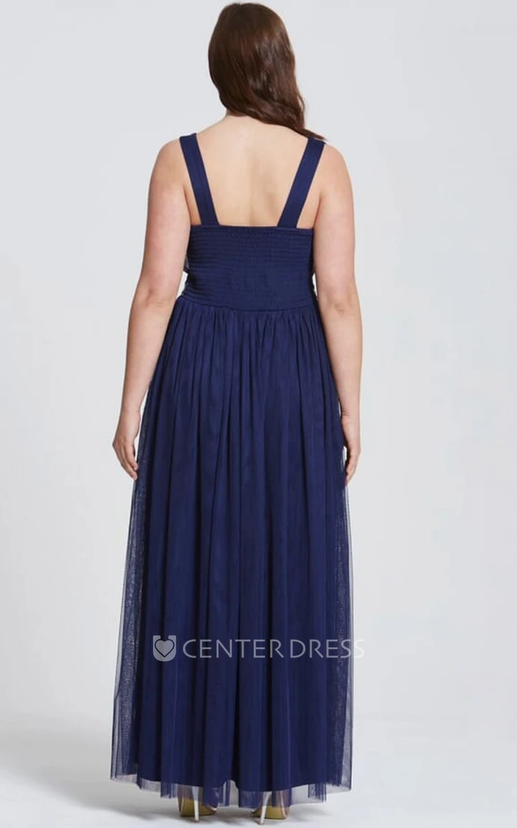Ankle-Length Ruched Sleeveless V-Neck Tulle Bridesmaid Dress