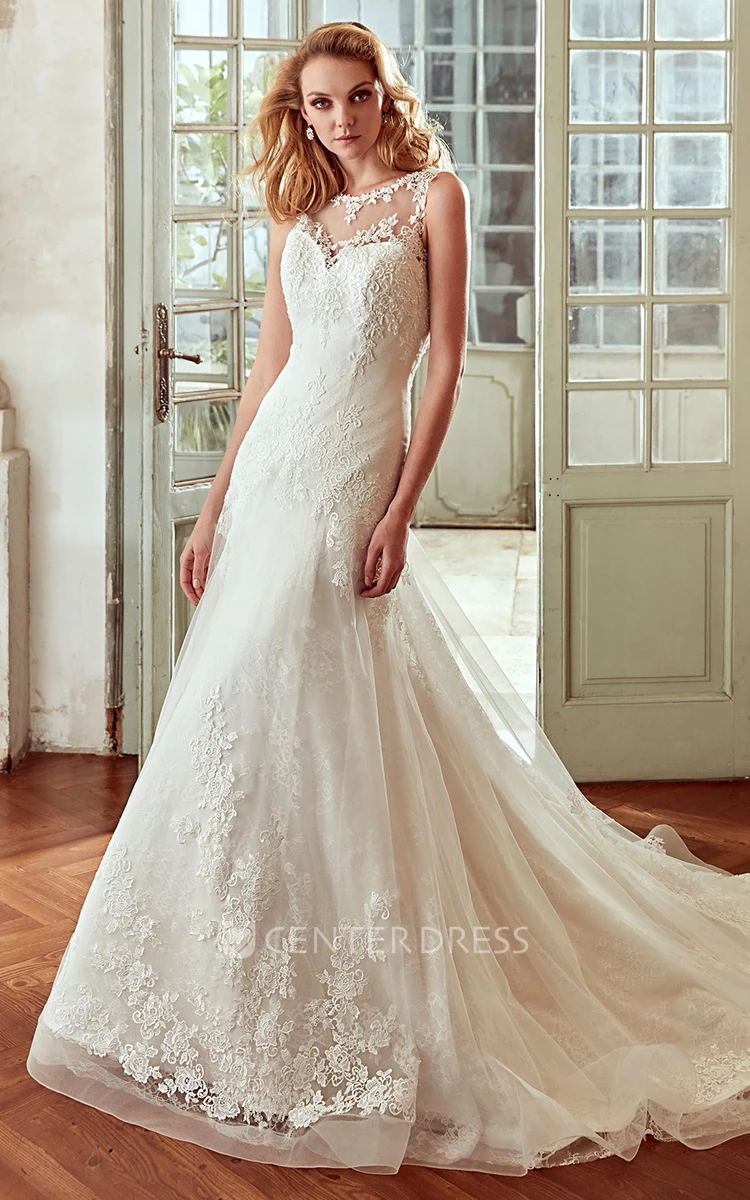 Jewel-Neck Lace Wedding Dress With Lace Appliques and Illusive Back 
