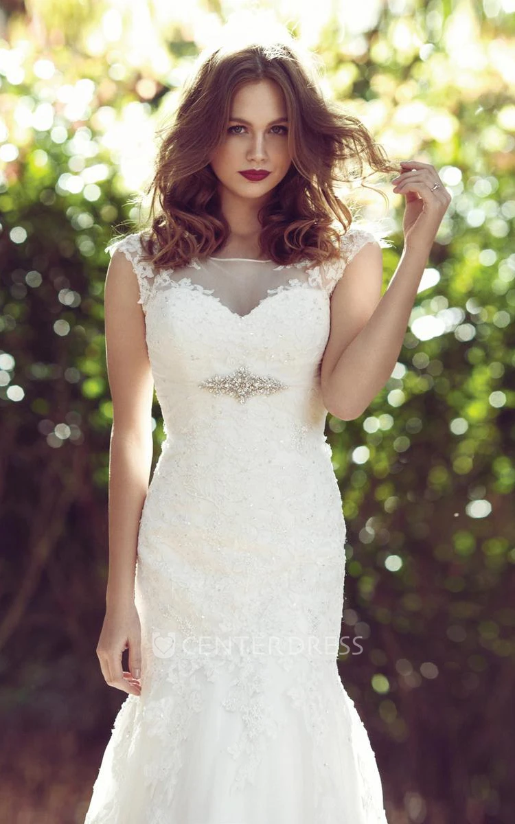 Trumpet Cap-Sleeve Maxi Scoop-Neck Jeweled Lace Wedding Dress With Appliques And Illusion