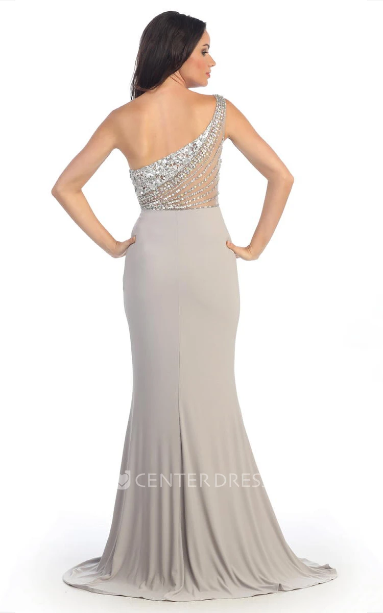 Sheath One-Shoulder Sleeveless Jersey Illusion Dress With Beading And Sequins