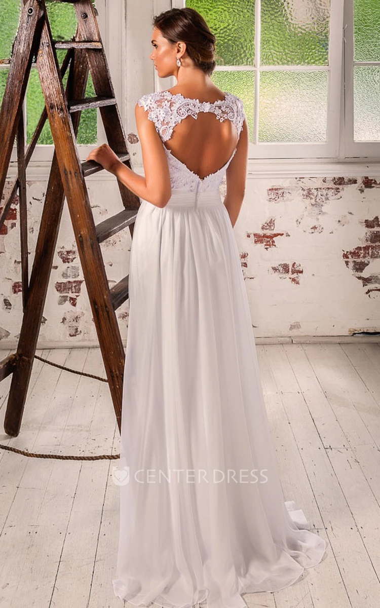Sheath Appliqued Cap-Sleeve Bateau-Neck Floor-Length Chiffon&Lace Wedding Dress