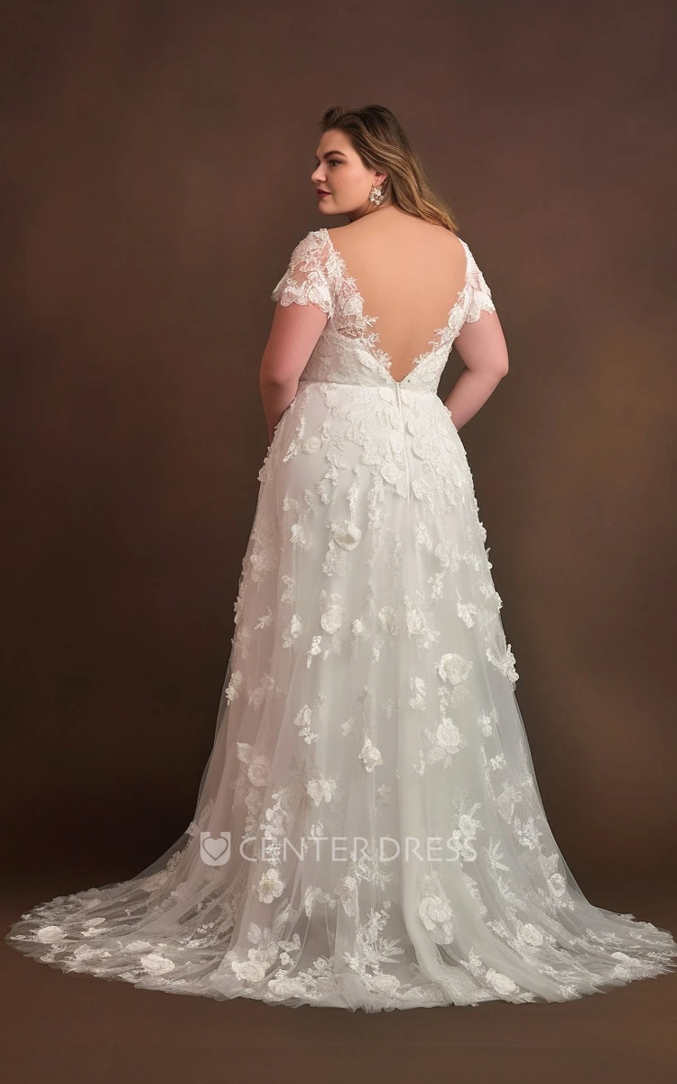 Lace Tulle Plus Size Short Sleeve Wedding Dress Bohemian Romantic Garden Mermaid Style